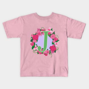 Monogram J, Personalized Floral InitiaI Kids T-Shirt